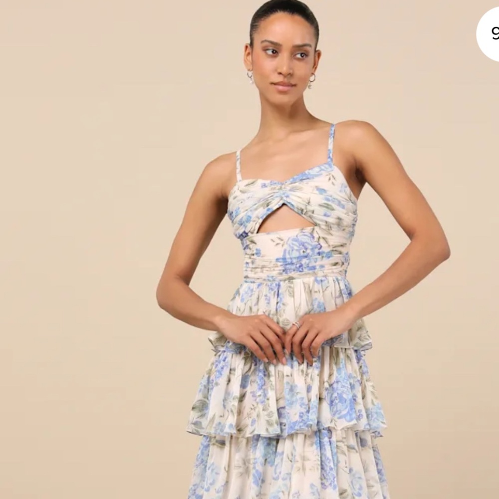 Arata Beige and Blue Floral Cutout Tiered Maxi Dress